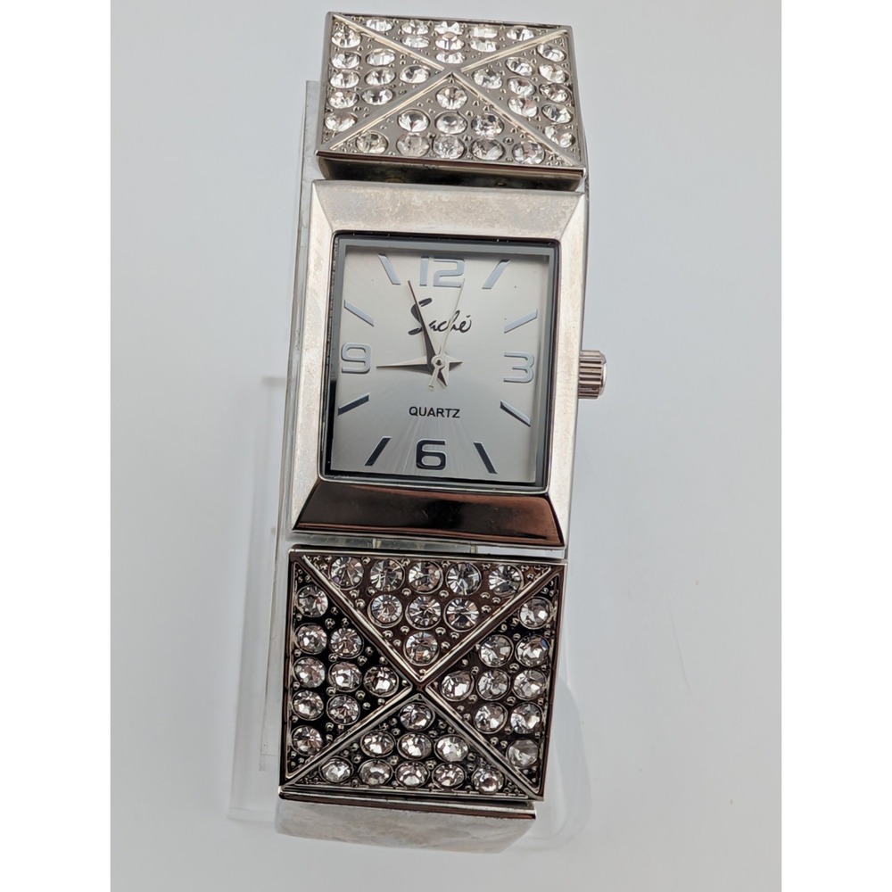 Sache Watch Women 22mm Case Silver 6.75" Stretch Band Crystals- New‎ Battery